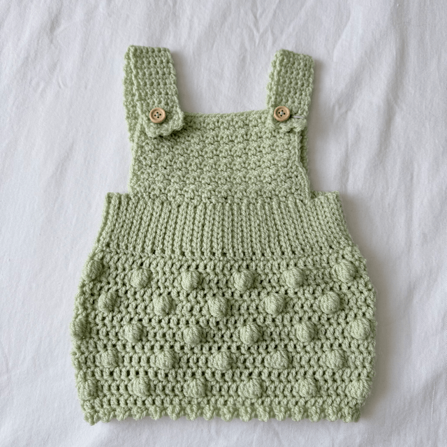 Green popcorn crochet dungaree dress