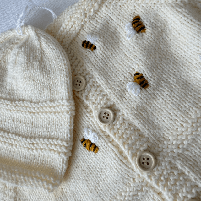 Cream knitted cardigan with bumblebee embroidery and matching hat