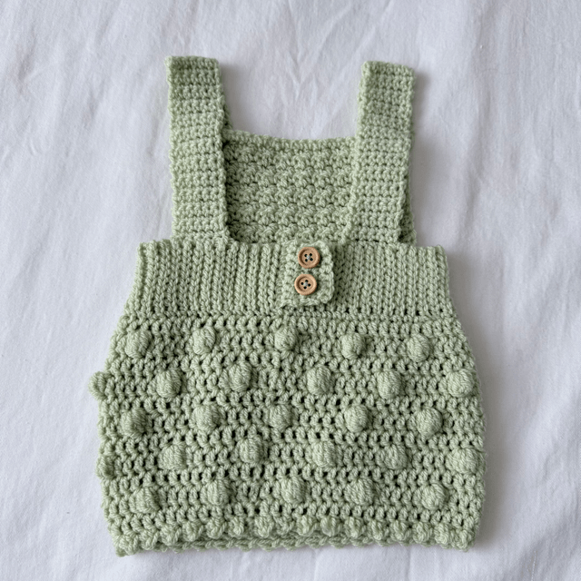 Green popcorn crochet dungaree dress