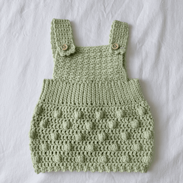 Green popcorn crochet dungaree dress